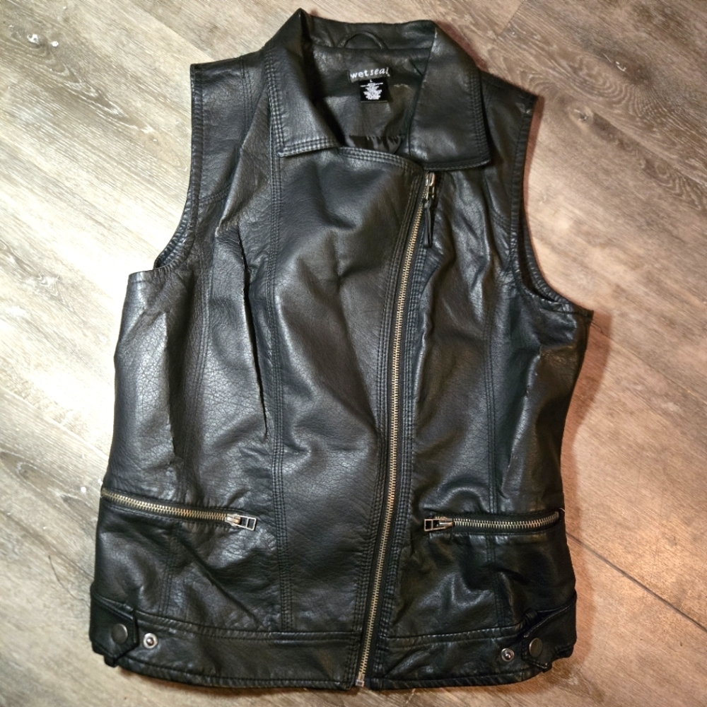 Wet Seal Vest Womens L Black Faux Leather Moto Zip Up Pockets Lin…‎